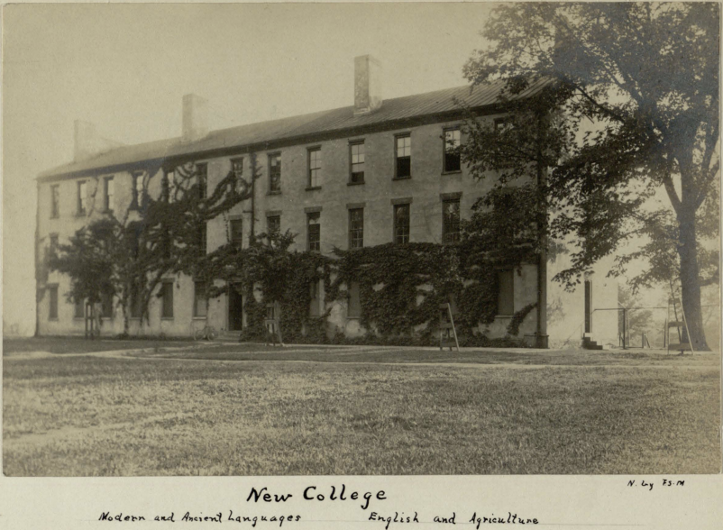 A black and white photograph of New College showing the front of the building. A handwritten label at the bottom of the photograph captions it as New College, home of Modern and Ancient Languages, English, and Agriculture.