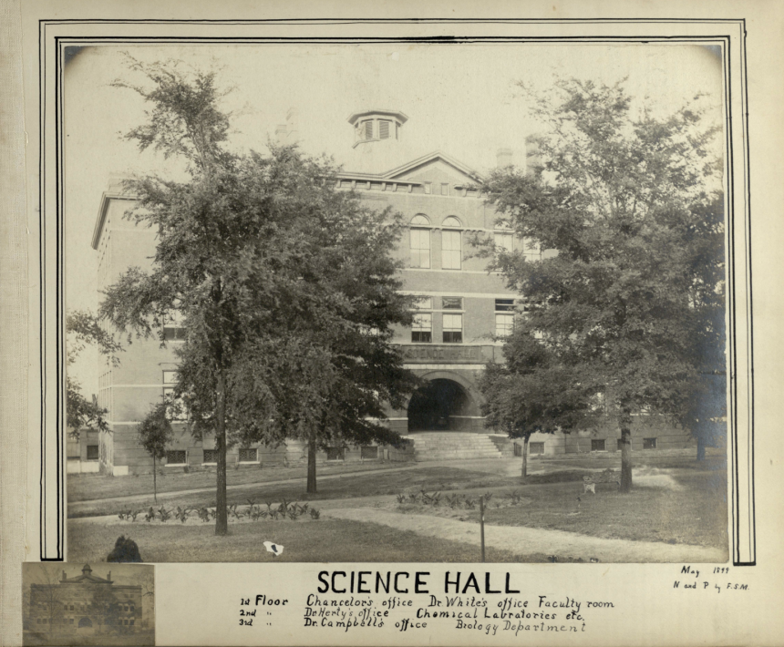 A black and white photograph of Science Hall, showing the building with trees in front. A handwritten label at the bottom of the photograph captions it as Science Hall, with the first floor housing the Chancellor’s Office, Dr. White’s office Faculty room. The second floor houses Dr. Herty’s office and the Chemical Laboratories, etc. The third floor is where Dr. Campbell’s office and the Biology Department are located.