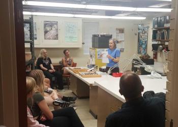 Dr. Betsy Reitz, curator of Zooarchaeology, leads a tour for a visiting UGA class
