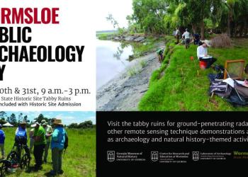 the wormsloe public archaeology day flyer. includes images of students doing field work by the water and a GPR demonstration